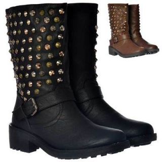 NEW WOMENS LADIES BLACK TAN SILVER GOLD STUDDED BIKER ANKLE BOOTS