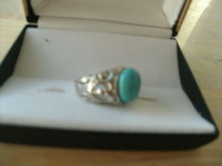 TURQUOISE MENS RING ( OVAL ) STONE SILVER PLATED SZ 10.5 NEW IN BOX