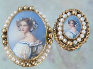 VINTAGE 1950S 1/20 12KT GOLD FILLED PEARL PAINTED PORTRAIT PIN & RING