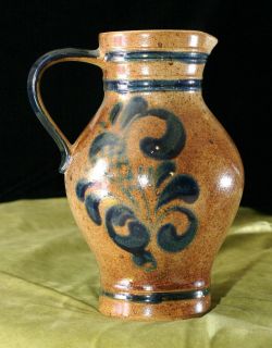 HANDARBEIT German Stoneware Drink Pitcher VASE Ceramic Majolica COBALT
