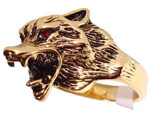 Mens Wolf Head Red Eye 18kt Gold Plated Ring New