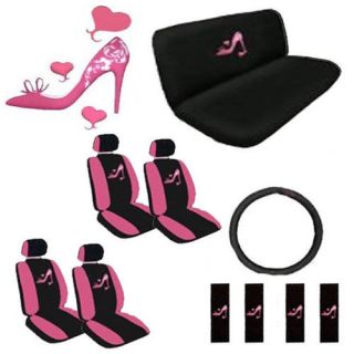 Seat Cover Girly Pink Love Heel Hearts + Steering Wheel Belt Head Rest