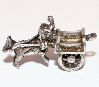 Cart Horse Wagon Vintage Sterling Silver Bracelet Charm, Wheels turn