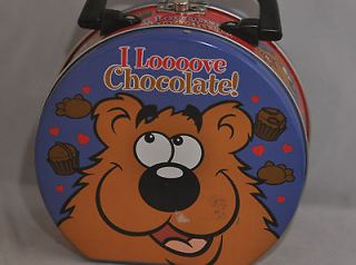 LOVE CHOCOLATE TIN DOG BEAR BLUE RED CARRY LUNCH BOX