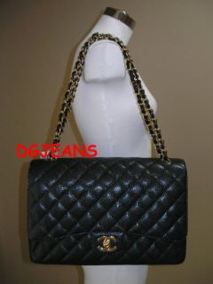 2011 NEW CHANEL BLACK QUILTED CAVIAR LEATHER GOLD CC MAXI CLASSIC FLAP