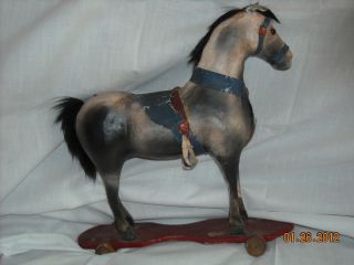 Papier Mache Horse Pull Toy on Wheels 13 Tall Wide Original Saddle