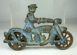  Cast Iron COP Motorcycle Toy Steel Wheels Blue Paint 4 Police Hubley