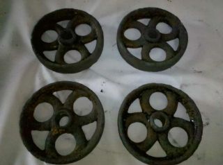 Vtg Set 4 Early Cast Iron Wheels Industrial Machine Age Old Table