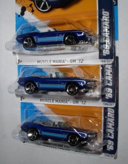 Hot Wheels Lot of 3 2012 Toys R US Exclusive 69 Camaro Blue Muscle
