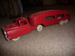  Steel Vintage Car Carrier Hauler Red White Wheels rare toy truck