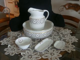 Antique French Wash Bowl and Pitcher Rose Garland 5 Piece Set