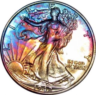 1942 s Walking Liberty Silver Half Dollar Near Choice BU UNC Rainbow
