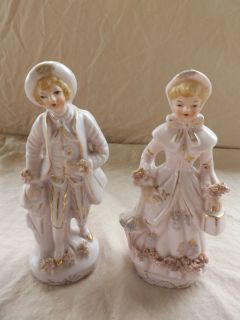 Pair of Vntg 6 inch Pink Porcelain Victorian Figures Man Woman Japan