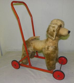 Vintage Old Push Toy Stuffed Dog on Wheels
