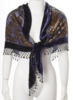 Keke Collection Blue Velvet Beaded Woman Silk Triangle Scarf Wrap