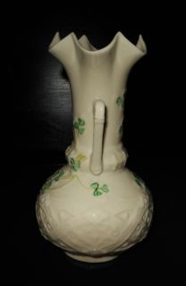 Belleek Shamrock 3rd Green Mark Harp Handled Vase w Ruffled Top Mint
