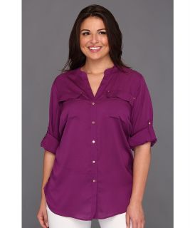 Calvin Klein Plus Size Mock Neck Roll Sleeve Blouse Womens Long Sleeve Button Up (Purple)