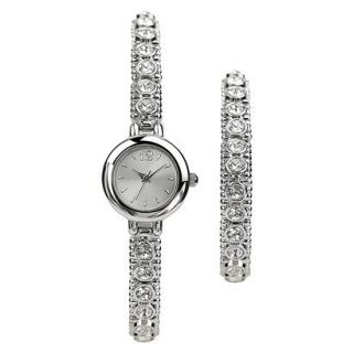 Silver Finish Clear Stone Alloy Stretch Bracelet Round Silver Case Silver Dial