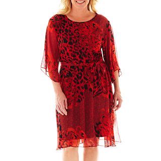 Dana Kay Long Sleeve Animal Print Belted Dress   Plus, Red/Black