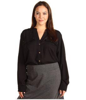 Calvin Klein Plus Size Crew Neck Roll Sleeve Womens Long Sleeve Button Up (Black)