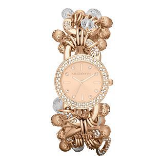 LIZ CLAIBORNE Womens Rose Tone & Crystal Charm Bracelet Watch