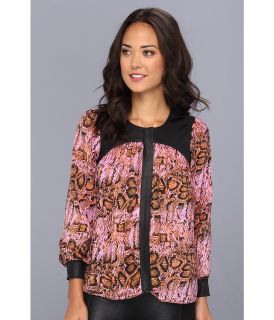 Tbags Los Angeles Snake Woven L/S Top w/ Faux Leather Trim Womens Blouse (Pink)