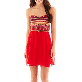 City Triangles Strapless Sweetheart Neck Belted Dress, Red/Green