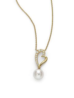 7MM Akoya Round Pearl, Pave Diamond & 14K Gold Heart Necklace   Gold