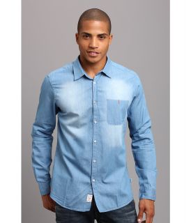 Fresh Brand Light Weight Hand Sand Denim L/S Shirt Mens Long Sleeve Button Up (Blue)