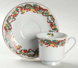 Home Accents Holiday Ribbon Footed Cup & Saucer Set, Fine China Dinnerware   Pea