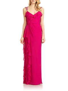 Silk Beaded Strap Ruffle Gown   Fuchsia
