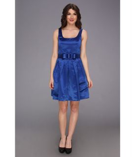 Donna Morgan Scoop Neck Full Skirt Dress w/ Bow Belt Womens Dress (Blue)