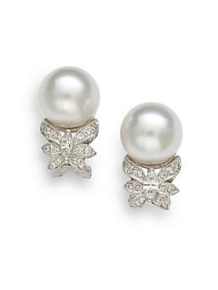 10MM White Pearl, Diamond & 18K White Gold Drop Earrings   White Gol