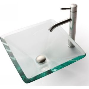 Kraus C GVS 901 19mm 2180 Square Clear Aquamarine Glass Vessel Sink and Aldo Sta