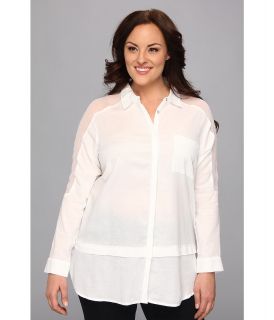 DKNY Jeans Plus Size Twill And Chiffon Mix Media Top Womens Long Sleeve Button Up (White)