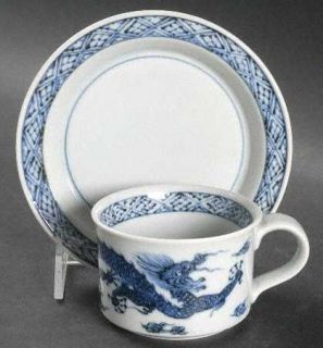 Fitz & Floyd Flying Dragon Flat Cup & Saucer Set, Fine China Dinnerware   Blue D