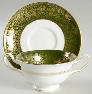 Wedgwood Florentine Green (Dark) No Floral Center Footed Cream Soup Bowl & Sauce