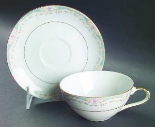 Mikasa Kentwood Flat Cup & Saucer Set, Fine China Dinnerware   Pink Roses,Gray L