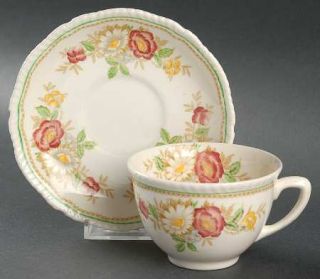 Enoch Wood & Sons Field Rose Flat Cup & Saucer Set, Fine China Dinnerware   Rope
