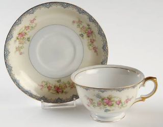 Meito Mei213 Footed Cup & Saucer Set, Fine China Dinnerware   Blue Border, Cream