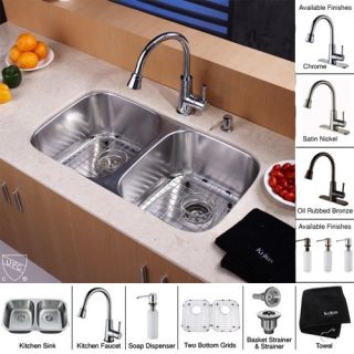 Kraus KBU22KPF2220KSD30ORB 32 inch Undermount Double Bowl Stainless Steel Kitchen Sink with Oil Rubbed Bronze Kitchen Faucet and Soap Dispenser