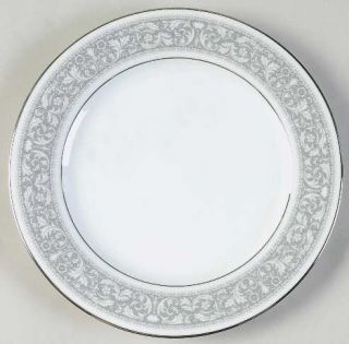 Noritake Naples Salad Plate, Fine China Dinnerware   White&Gray Floral&Scroll Ba