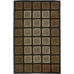 Handmade Blocks Black Wool Rug (76 X 96)