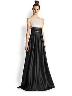 Carmen Marc Valvo Sequin Lace & Twill Combo Gown   Ivory Black