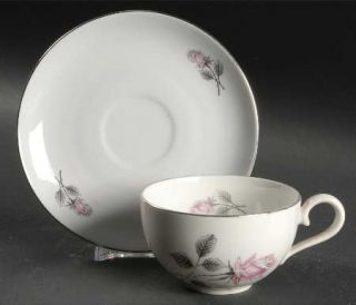 Bohemia Ceramic Silver Rose (Platinum Trim) Flat Cup & Saucer Set, Fine China Di
