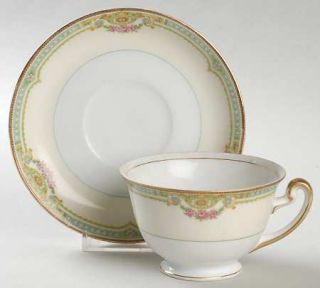 Meito Mei280 Footed Cup & Saucer Set, Fine China Dinnerware   Green Edge,Laurel,