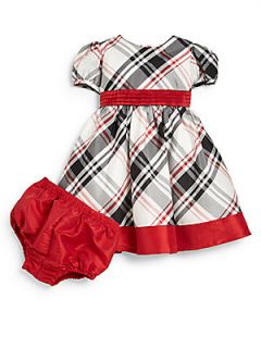 Hartstrings Infants Two Piece Silk Blend Plaid Dress & Bloomers Set   Black Red