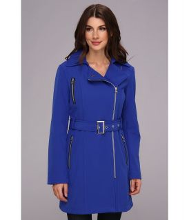 Calvin Klein Asymmetrical PU Trim Belted Soft Shell Coat Womens Coat (Blue)