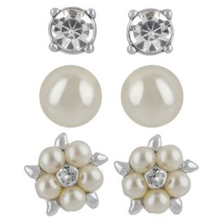 Womens Button Earrings Set of 3 Pearl and Crystal   Silver/Cream/Clear