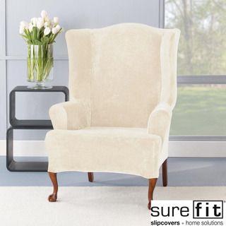 Stretch Plush Cream Wing Chair Slipcover